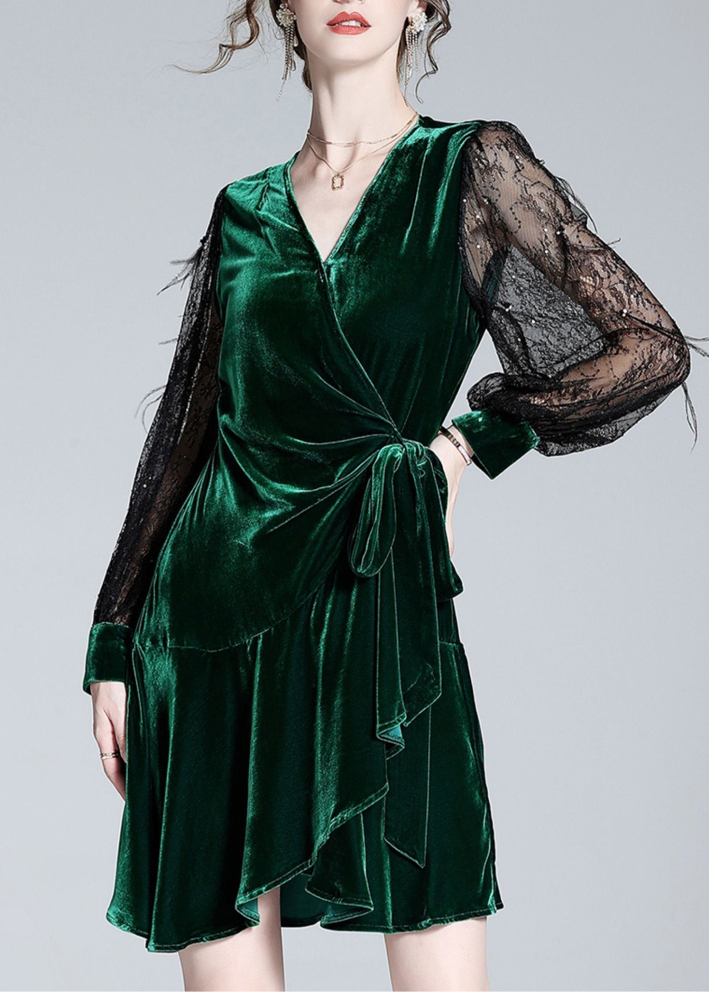 Sexy Green V Neck Tulle Patchwork Tie Waist Silk Velour Holiday Mid Dress AC3017