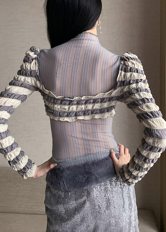 Sexy Grey Turtleneck Patchwork Tulle T Shirts Long Sleeve LY0802