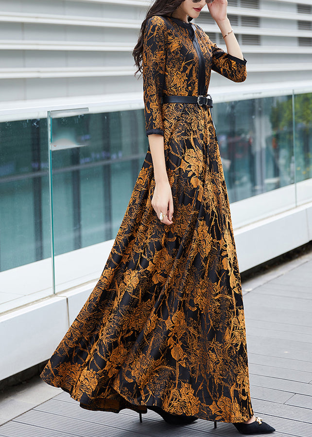 Sexy Orange Print Sashes Long Traveling Dress Spring LY1705