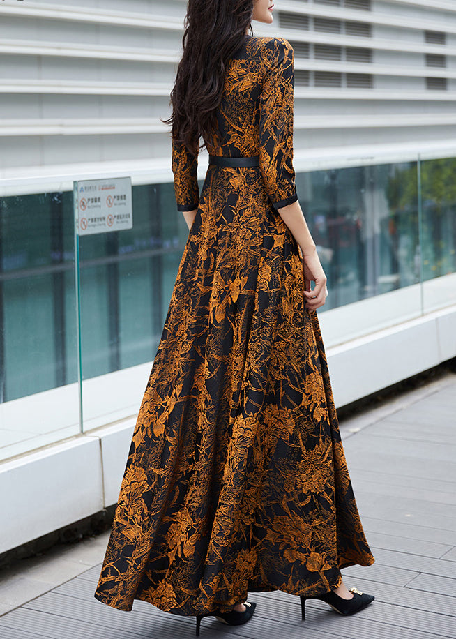 Sexy Orange Print Sashes Long Traveling Dress Spring LY1705