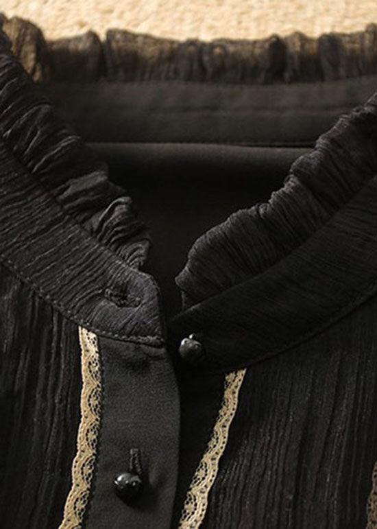 Simple Black Ruffled Hollow Out Patchwork Cotton Tops Spring LY1417