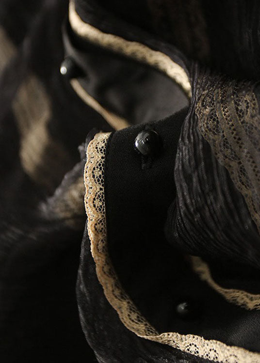 Simple Black Ruffled Hollow Out Patchwork Cotton Tops Spring LY1417