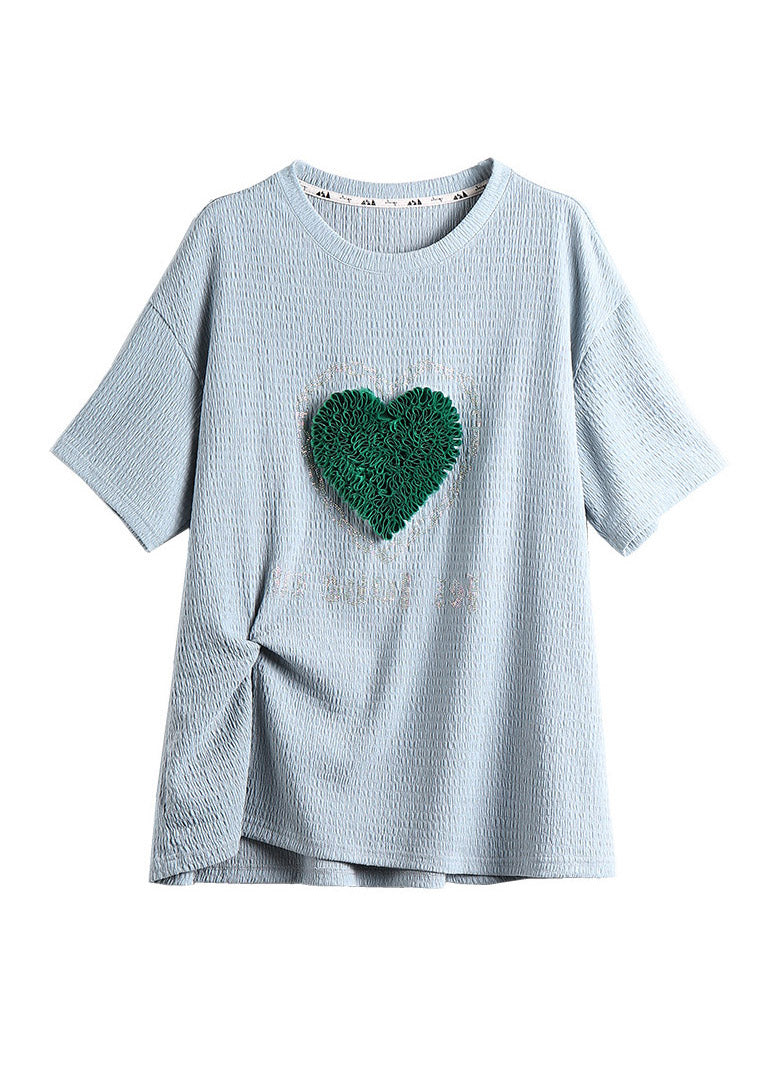 Simple Blue O-Neck loving Heart T Shirts Summer LY1523