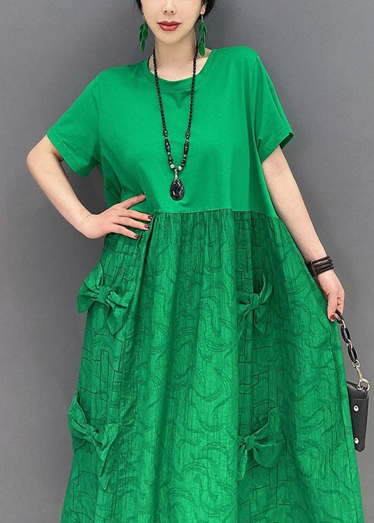 Simple Green O-Neck Patchwork Jacquard Cotton Long Dresses Summer LY1572