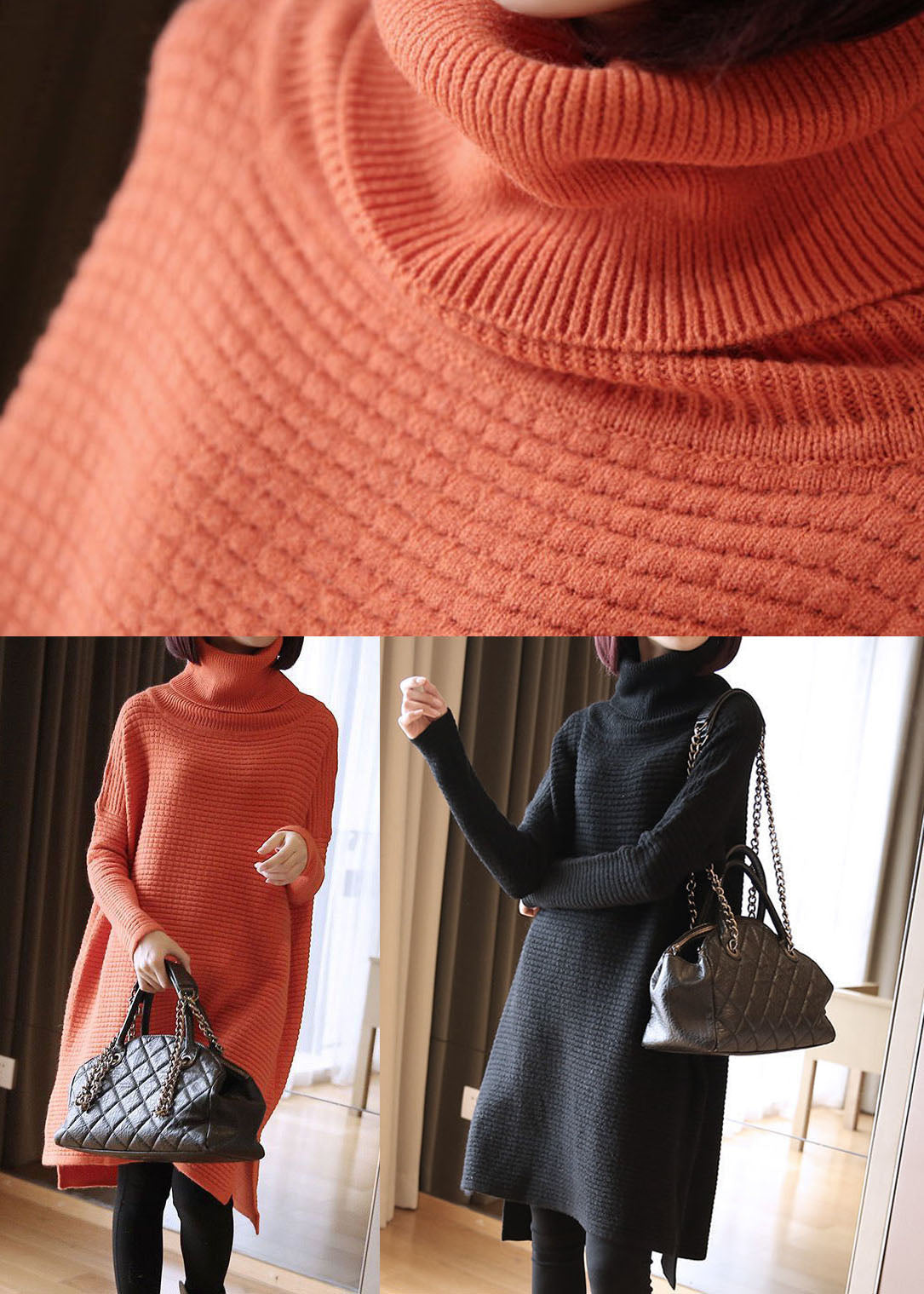 Simple Orange Turtle Neck Oversized Knitted Long Sweater Spring LY1439