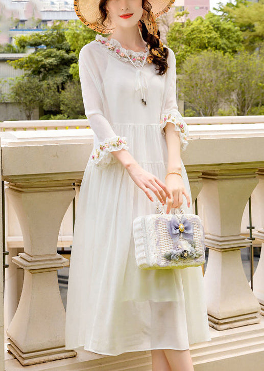 Simple White Ruffled Exra Large Hem Silk Long Dress AC3045