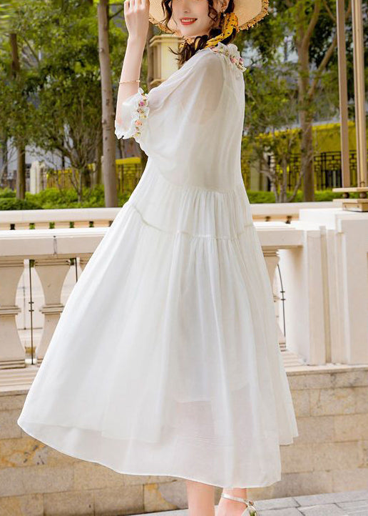 Simple White Ruffled Exra Large Hem Silk Long Dress Spring LY0739