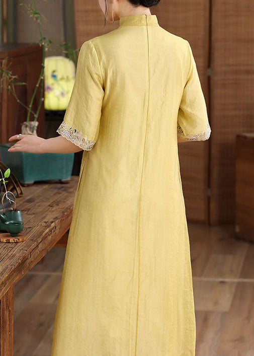 Simple Yellow Embroideried Patchwork Button Silk Dress Summer LY1685