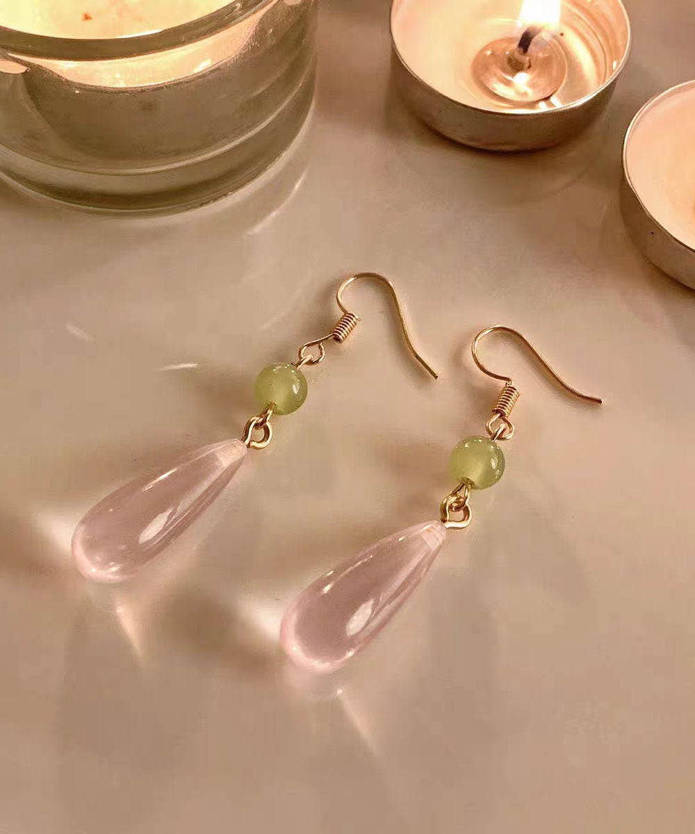 Skinny Pink Sterling Silver Drip Chalcedony Jade Drop Earrings TW1031