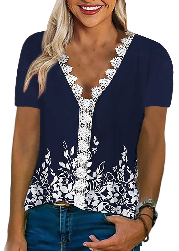 Sleeve Comfortable Casual Lace V-Neck Print T Shirt Women White LY1947