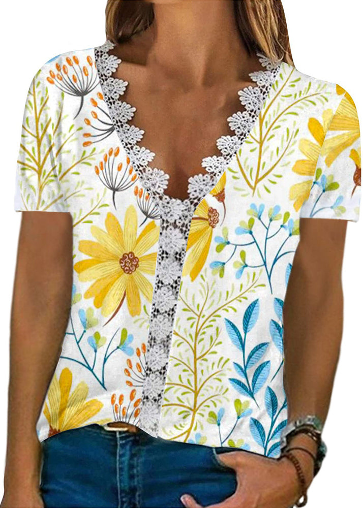 Sleeve Comfortable Casual Lace V-Neck Print T Shirt Women White LY1947