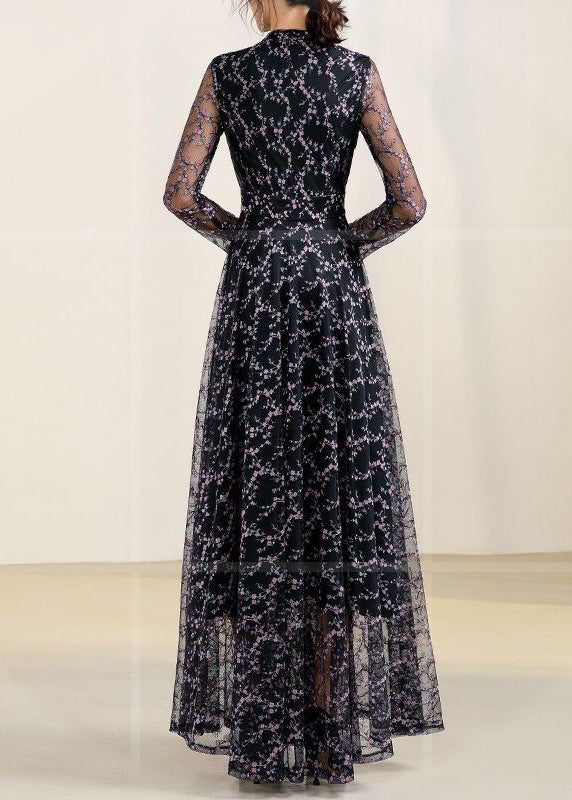 Slim Fit Black V Neck Tulle Patchwork Chiffon Long Dress Spring LY1732