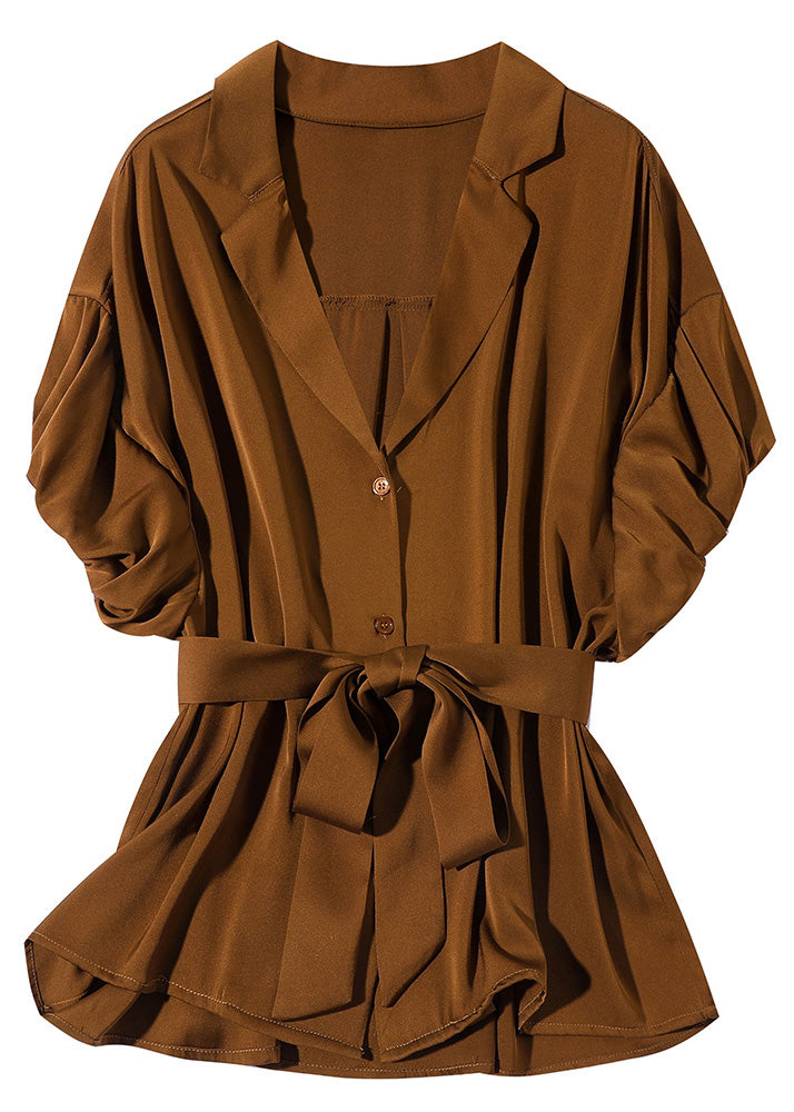 Slim Fit Coffee Notched Tie Waist Button Silk Shirt Short Sleeve LY1053