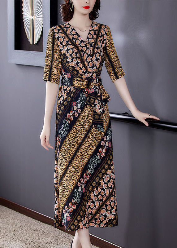 Slim Fit V Neck Cinched Print Chiffon Long Dress Summer LY1695