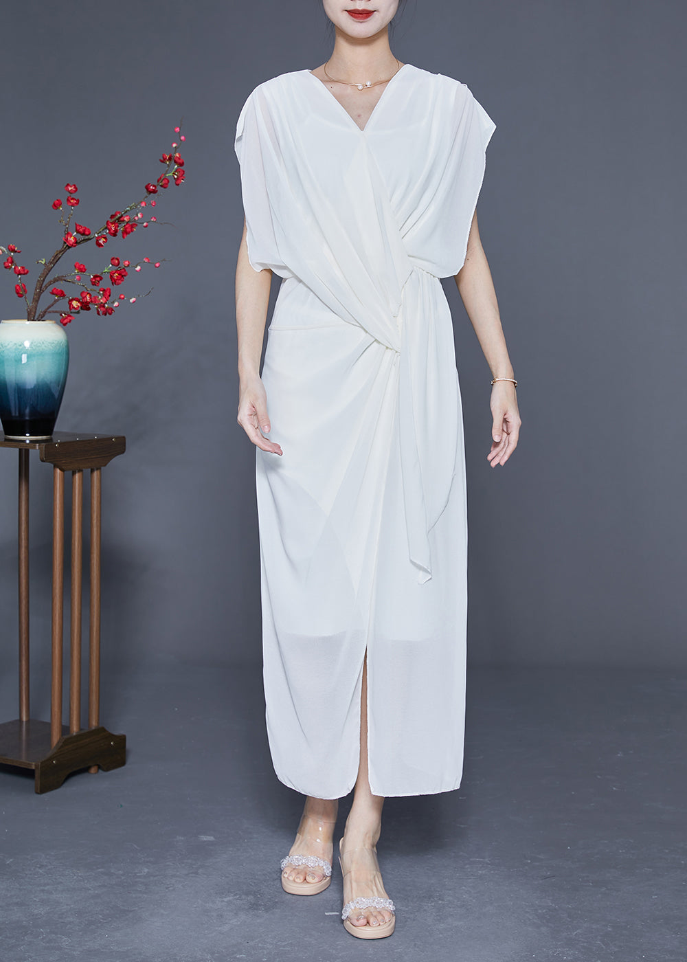 Slim Fit White V Neck Asymmetrical Cross Chiffon Holiday Dress Summer LY1774
