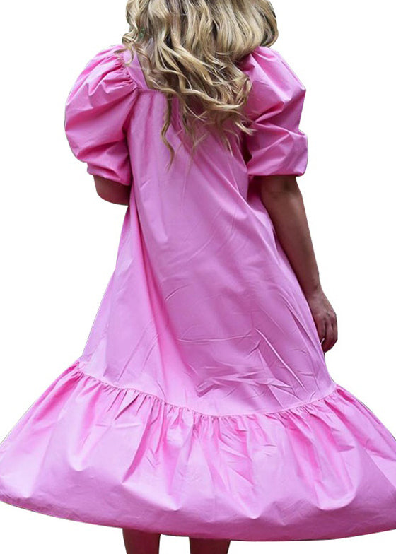 Square Neck Solid Color Puff Sleeve Ruffles Hem Casual Maxi Dress For Women Rose LC0033