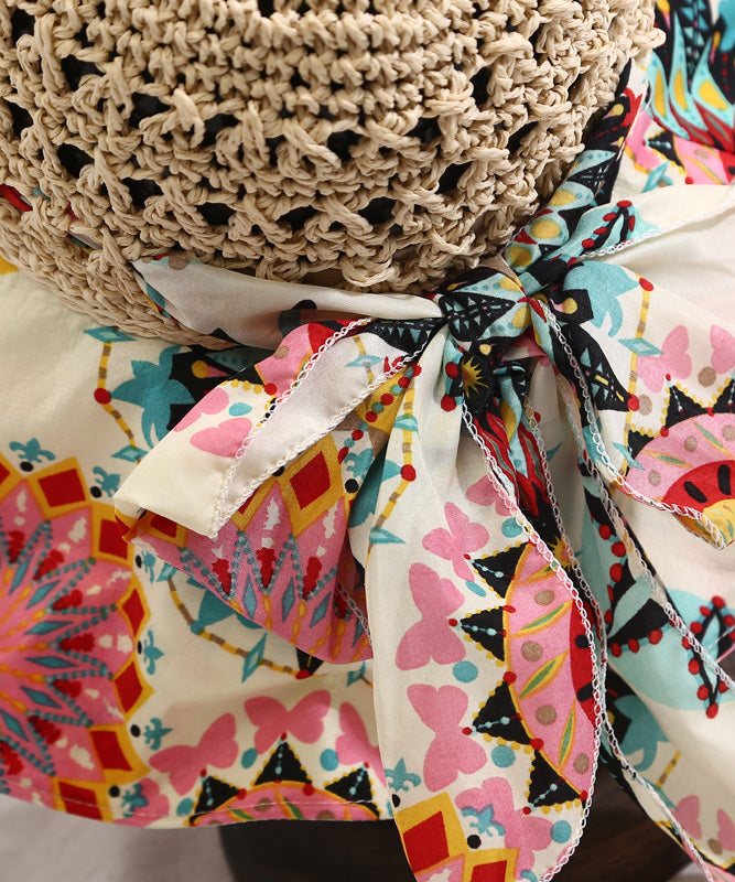 Style Beige Print Patchwork Bow Straw Woven Floppy Sun Hat LY530