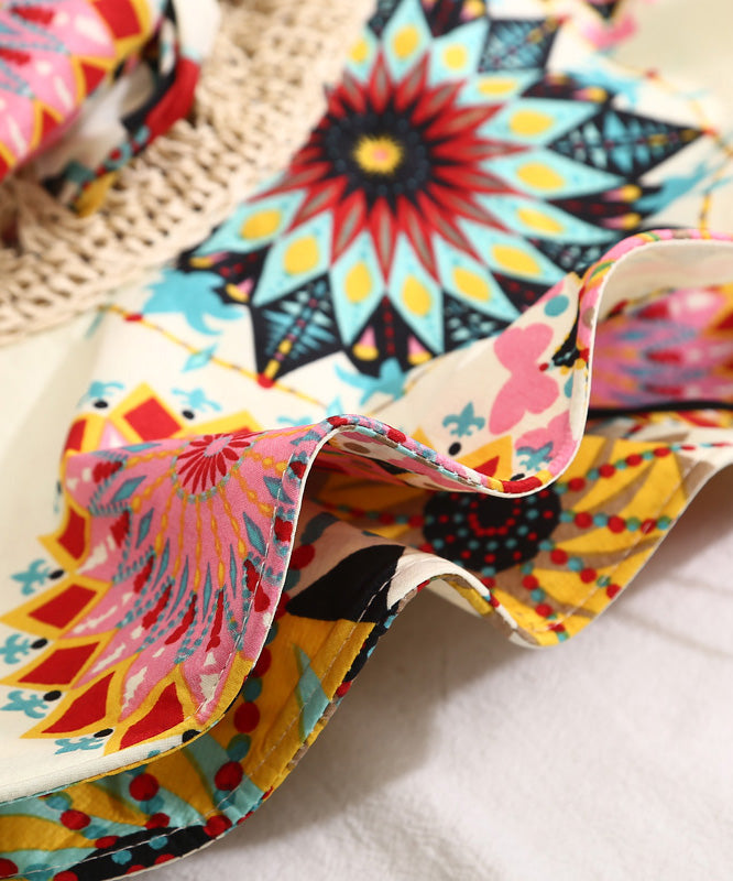 Style Beige Print Patchwork Bow Straw Woven Floppy Sun Hat LY530