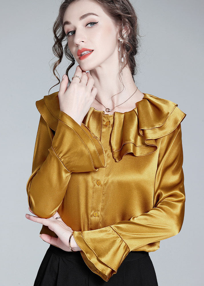 Style Gold Ruffled Patchwork Button Silk Shirt Flare Sleeve LY0976