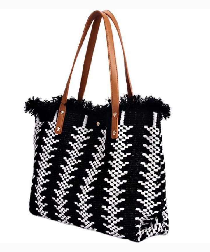 Style Green Tassel Knit Fabric Canvas Tote Handbag LY1386