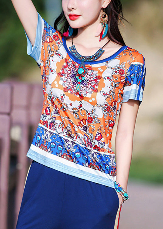 Style Orange O-Neck Print T Shirt Short Sleeve LY0194