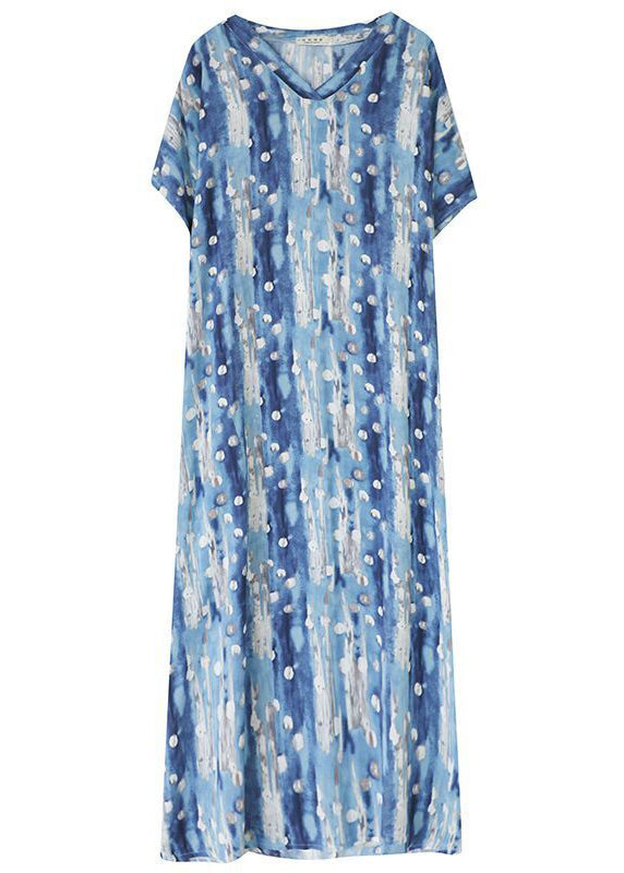Stylish Blue Oversized Print Linen Holiday Dress Summer LY0890
