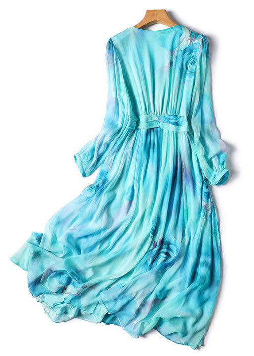 Stylish Blue V Neck Print Patchwork Exra Large Hem Silk Dress Spring TI1029