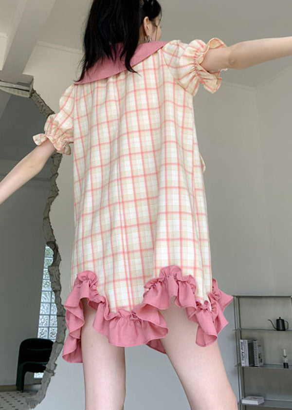 Stylish Colorblock Plaid Ruffled Patchwork Cotton Mid Dress Summer LY0785