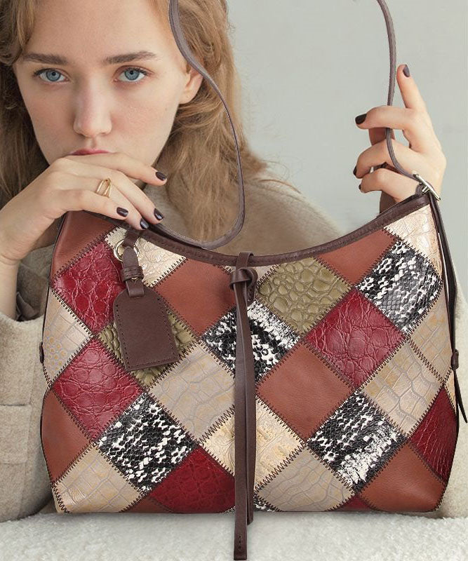Stylish Colorblock Zippered Patchwork Calf Leather Tote Handbag LY1377