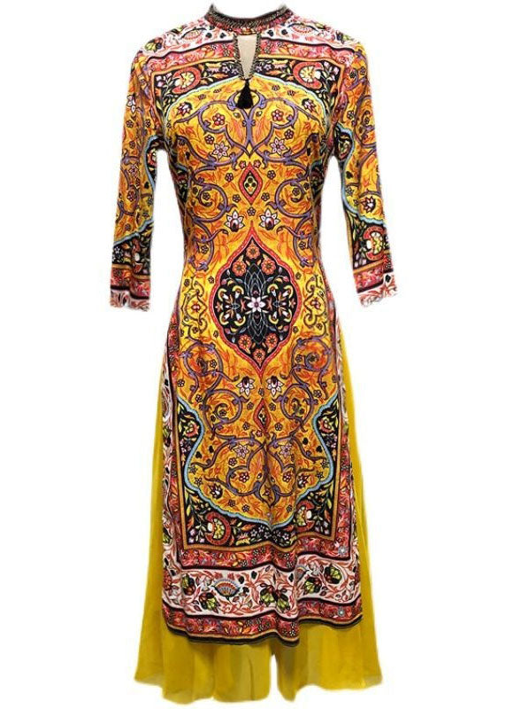 Stylish Yellow Print Patchwork Side Open Silk Dress Spring LY1676