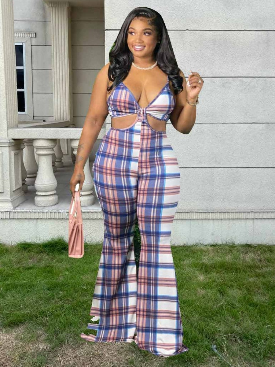 Plus Size Plaid Print Backless Flared Jumpsuit AT9044