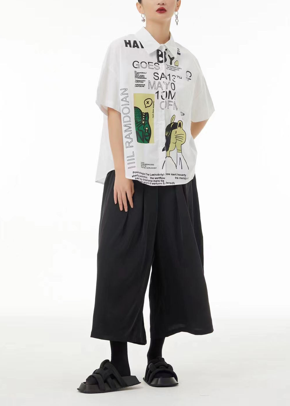 Unique Black Oversized Letter Print Cotton Shirt Summer LC0113