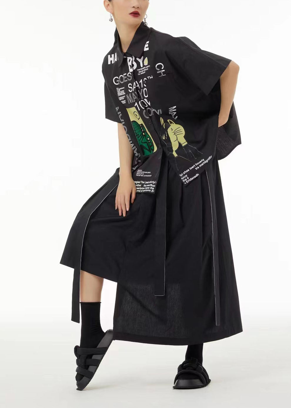 Unique Black Oversized Letter Print Cotton Shirt Summer LC0113