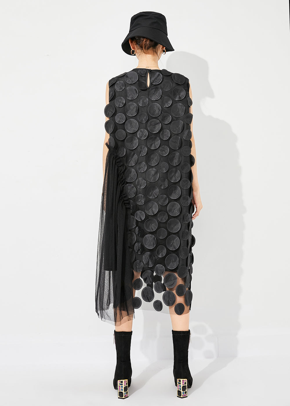 Unique Black Oversized Patchwork Tulle Holiday Dress Sleeveless LY0881