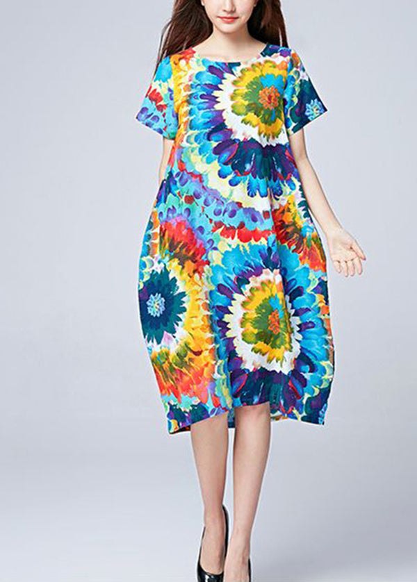 Unique Blue Oversized Print Cotton Beach Dresses Summer LY0904
