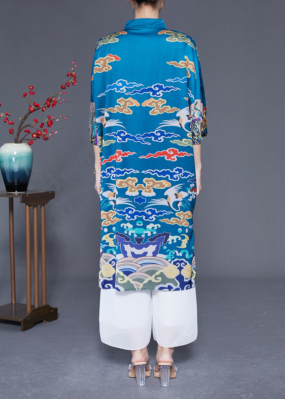 Unique Blue Stand Collar Side Open Silk Chinese Style Dress Half Sleeve LY1780