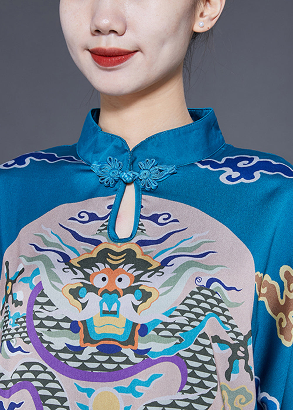 Unique Blue Stand Collar Side Open Silk Chinese Style Dress Half Sleeve LY1780
