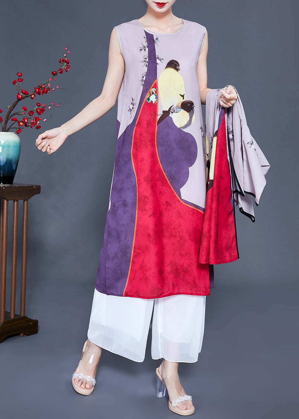 Unique Colorblock Oversized Print Silk Cardigans Two Pieces Set Spring LY0939