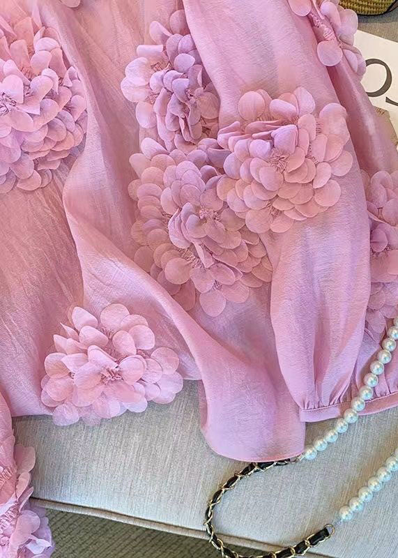 Unique Pink O Neck Floral Decorated Chiffon Shirt Tops Spring LY1426
