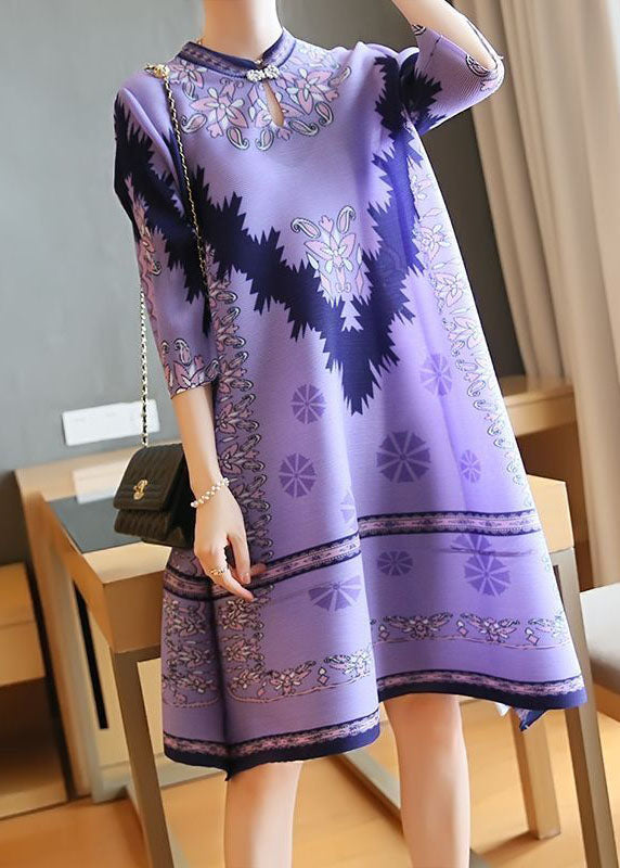 Unique Purple Stand Collar Print Party Dress Half Sleeve LY1459