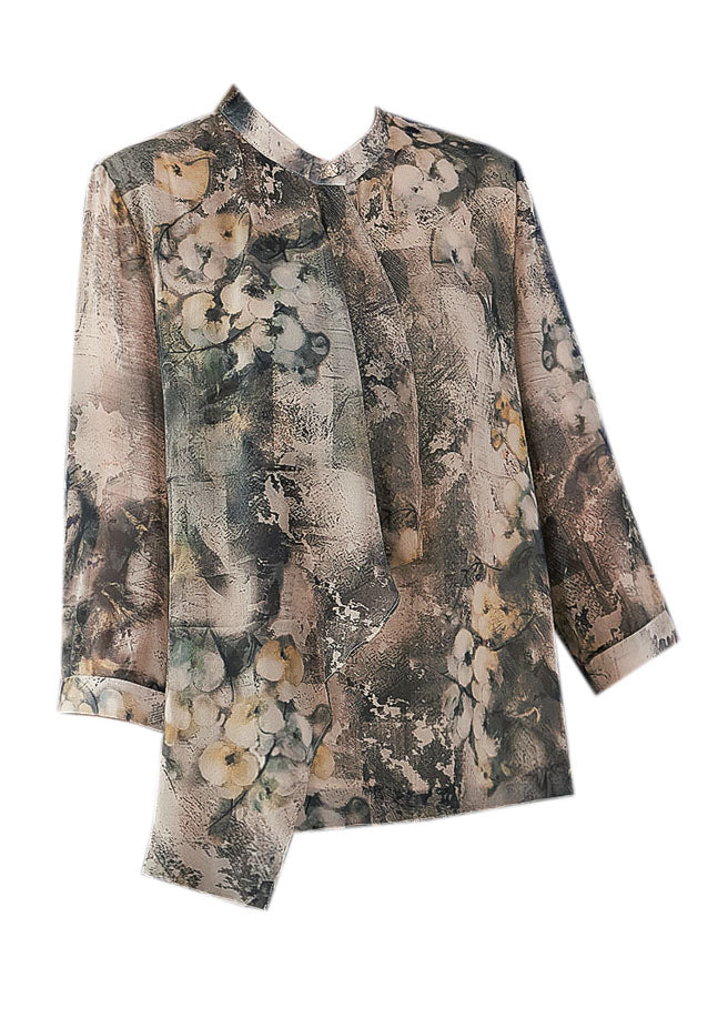 Vintage Apricot Asymmetrical Print Silk Shirts Bracelet Sleeve LY0467