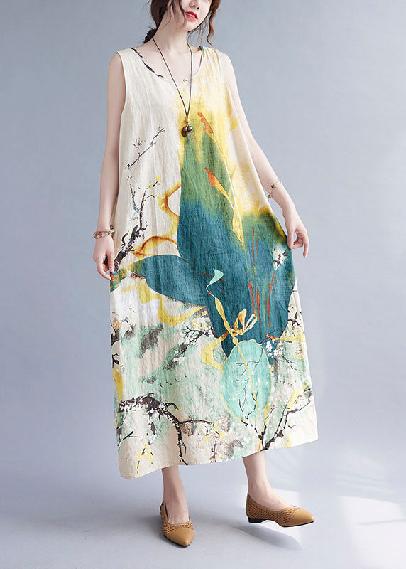 Vintage Beige Print O-Neck Linen Vacation Dresses Summer LY0658