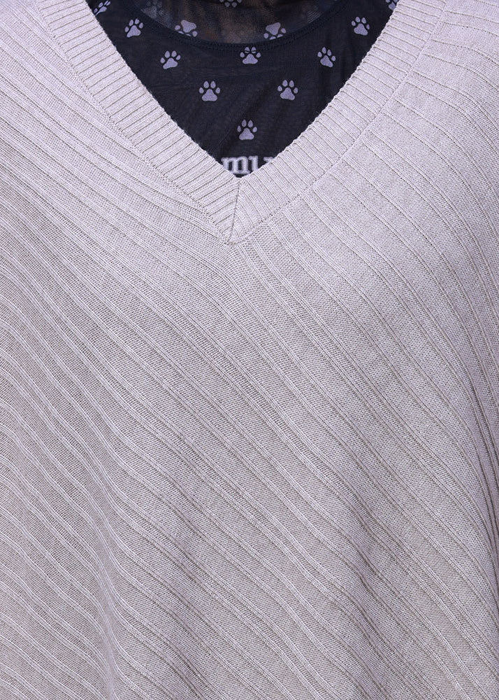 Vintage Beige V Neck Asymmetrical Woolen Knit Long Sweater Fall HA1033