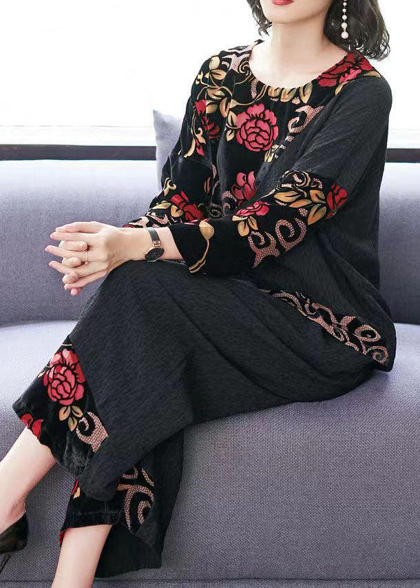 Vintage Black Embroideried Tops And Wide Leg Pants Cotton Two Piece Set Fall TF1042
