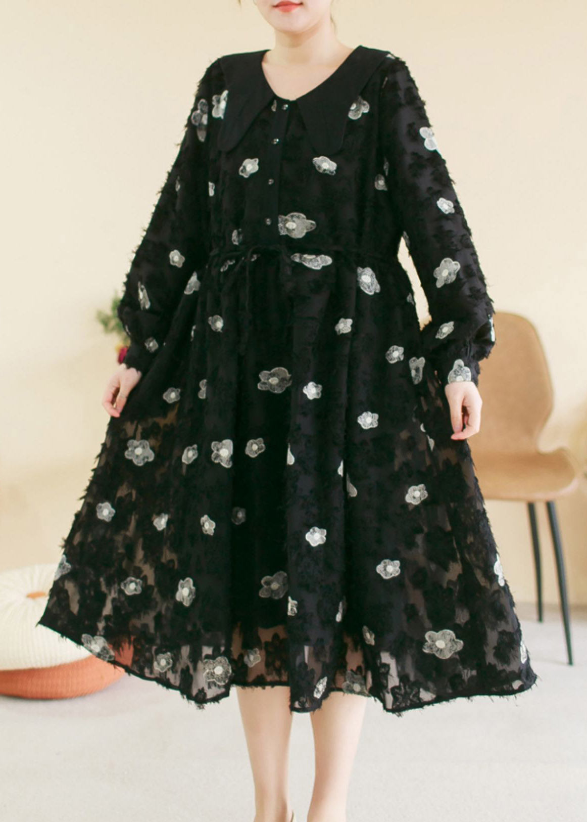 Vintage Black O-Neck Embroideried Floral Patchwork Cotton Long Dress Spring TI1036
