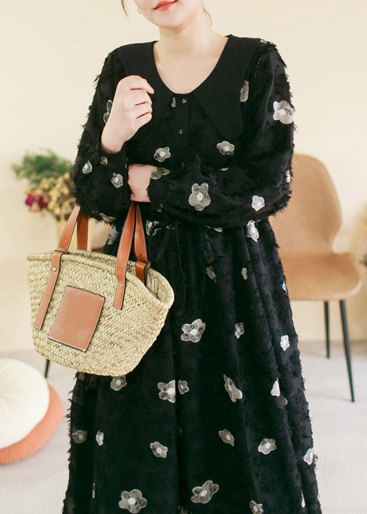 Vintage Black O-Neck Embroideried Floral Patchwork Cotton Long Dress Spring TI1036