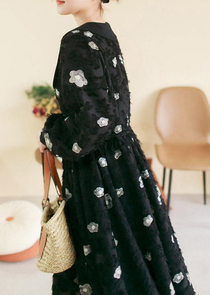 Vintage Black O-Neck Embroideried Floral Patchwork Cotton Long Dress Spring TI1036