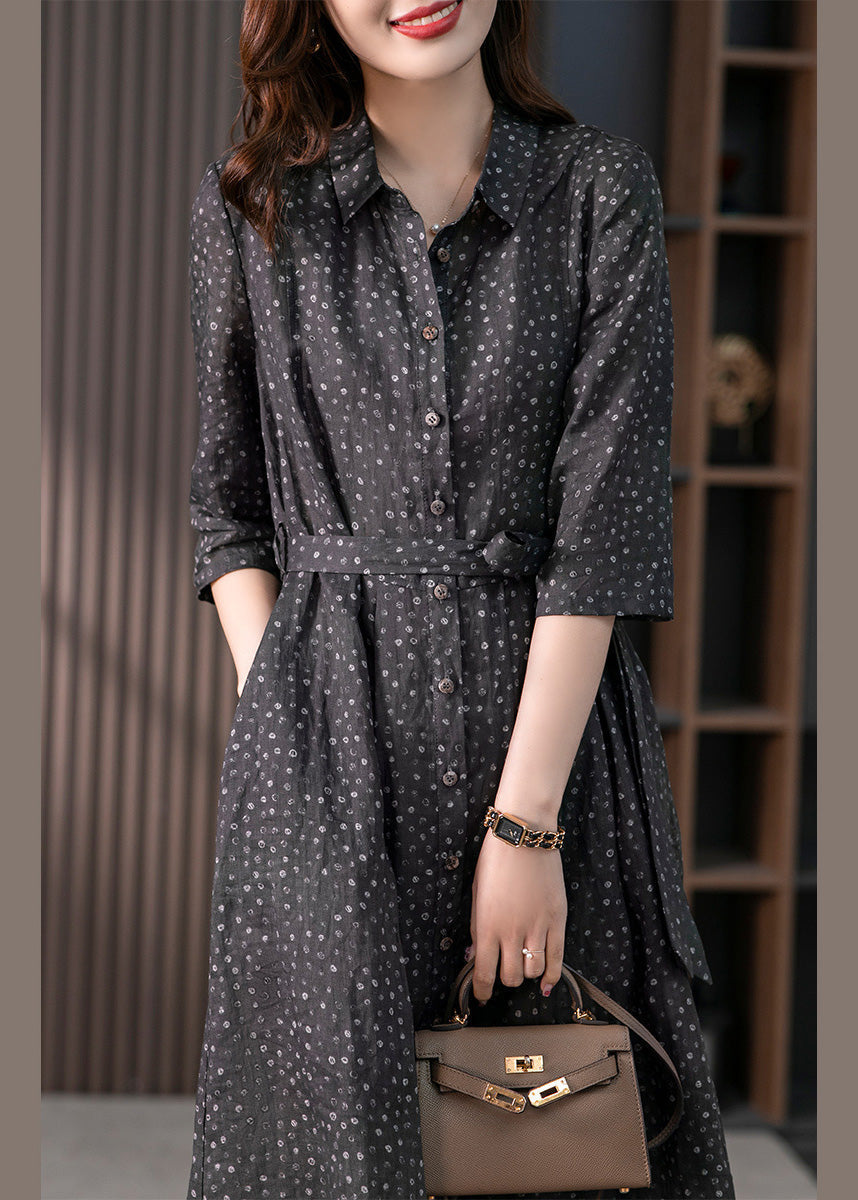 Vintage Black Peter Pan Collar Print Button Tie Waist Linen Long Shirts Dress Long Sleeve LY1732