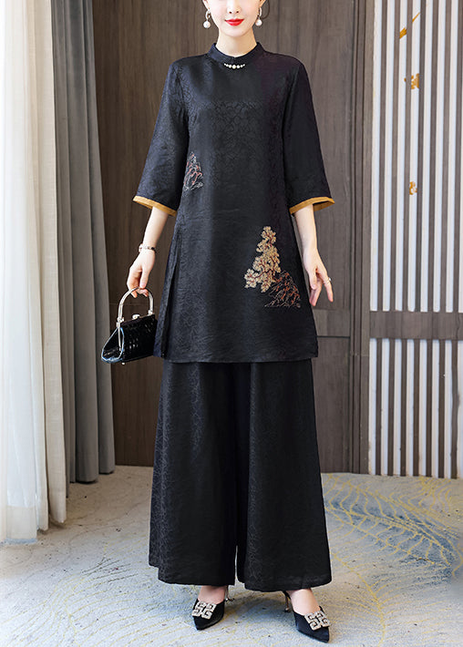 Vintage Black Stand Collar Oversized Jacquard Spandex 2 Piece Outfit Summer LY1066