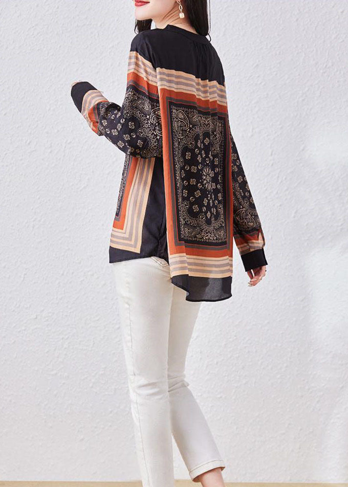 Vintage Black V Neck Print Patchwork Chiffon Blouses Long Sleeve TQ1026